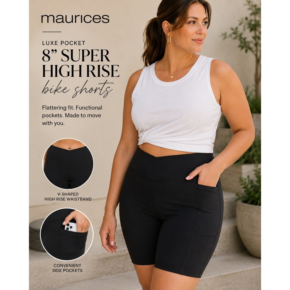 NEW Maurices Luxe Pocket 8‎ Inch Super High Rise Bike Shorts Black Size 3X